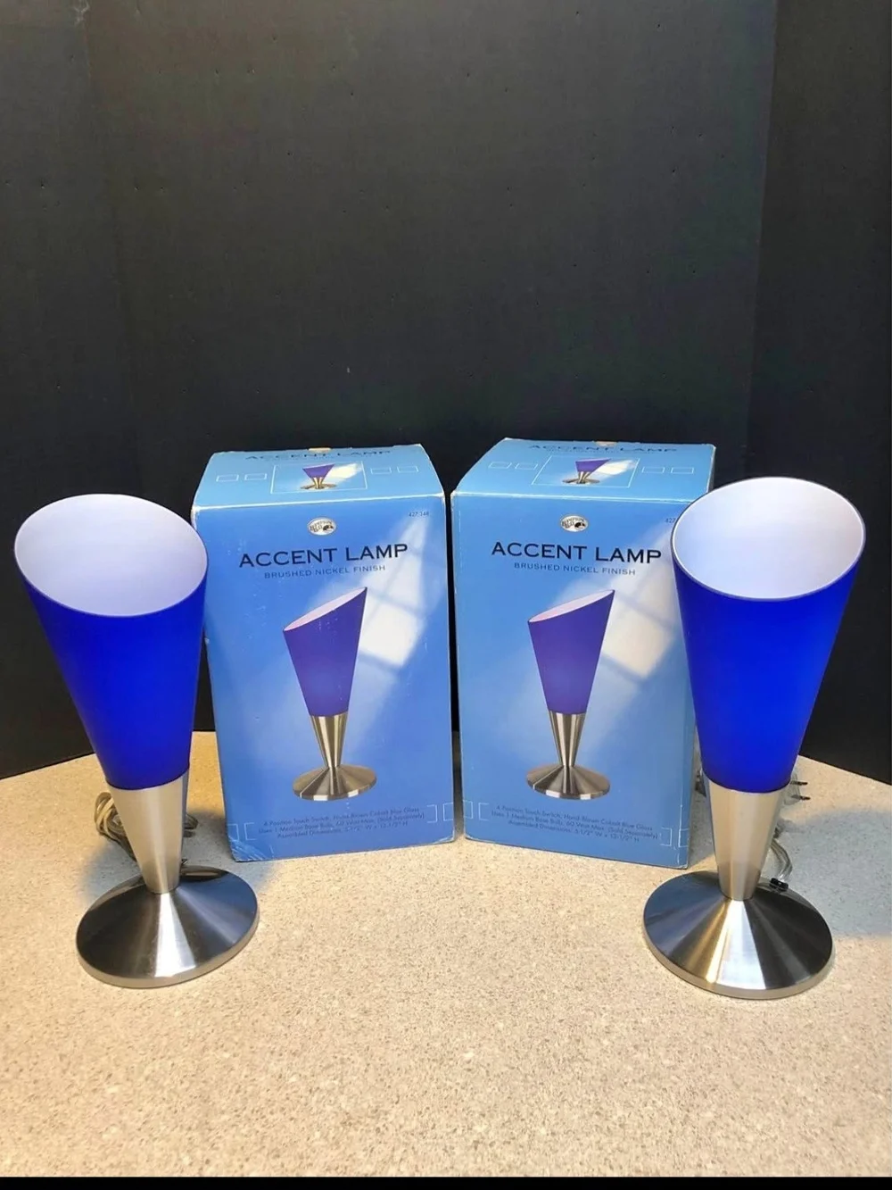 Pair Vintage Y2K Hampton Bay Cobalt Blue Glass Torchiere Lamps Postmodern Retro